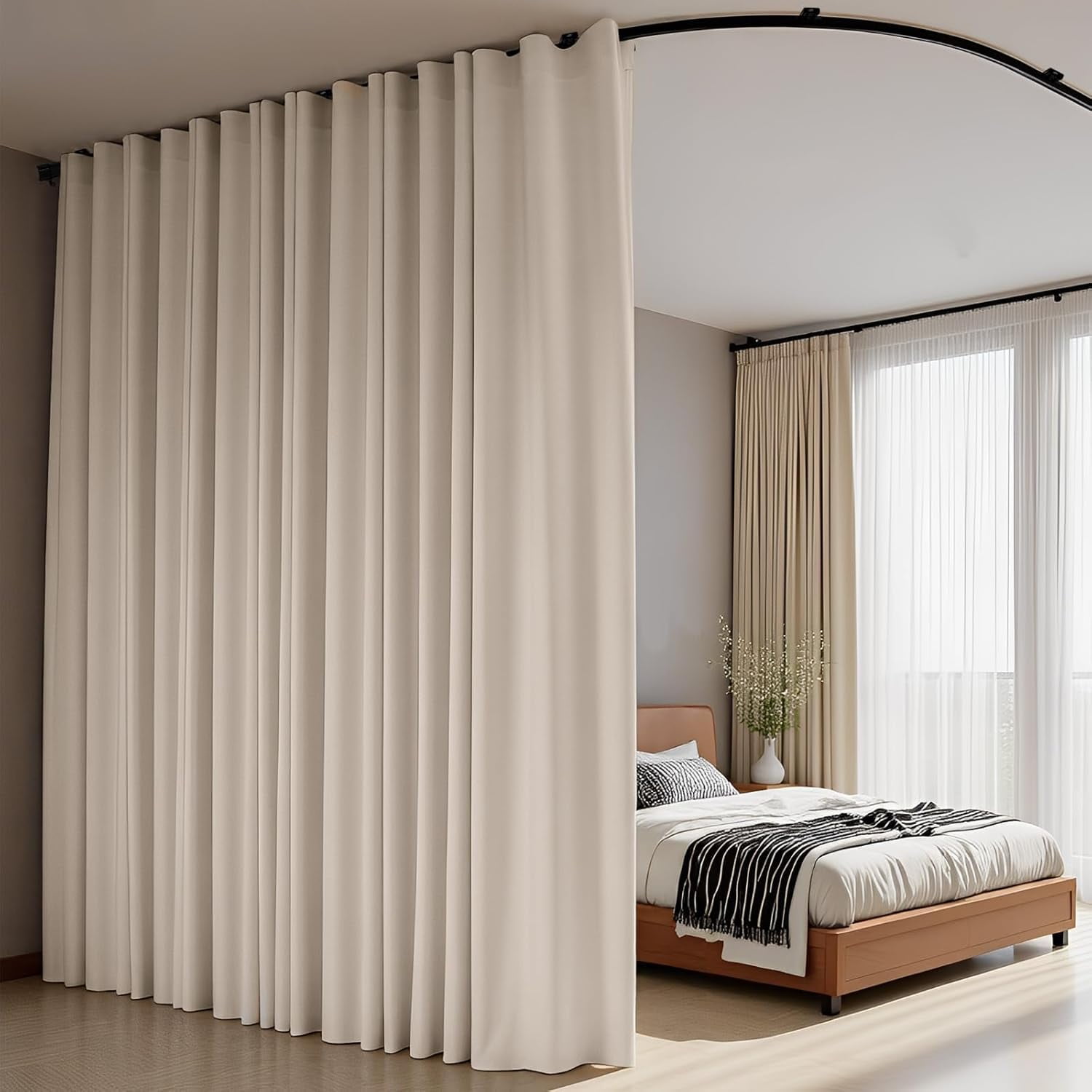 Room Divider Curtains Flexible Ceiling Tracks Set Curtain Track Ceiling Mount Blackout Curtain for Living Room Bedroom Ceiling Curtain Rod Privacy Dividers Panels W100 x H96 Beige Drape & Black Rail