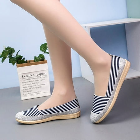 

Tangnade Winter Clearance Cotton Fabric Stripe Round Toe Breathable Lazy Slip-On Casual Single Shoes for Women
