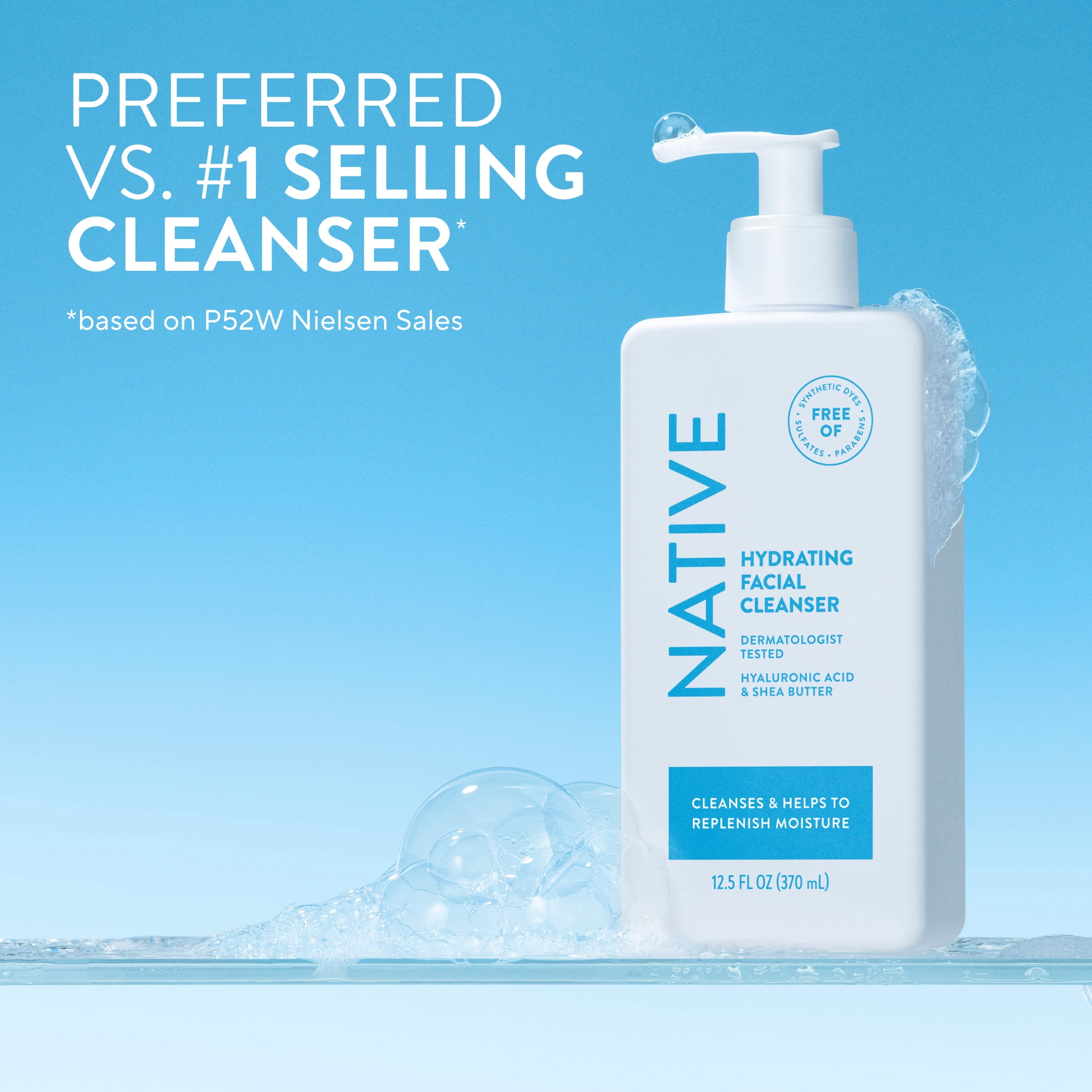 Native Hydrating Face Wash for Dry Skin, Sulfate Free, with Hyaluronic Acid and Shea Butter, Dermatologist Tested, 12.5 fl oz