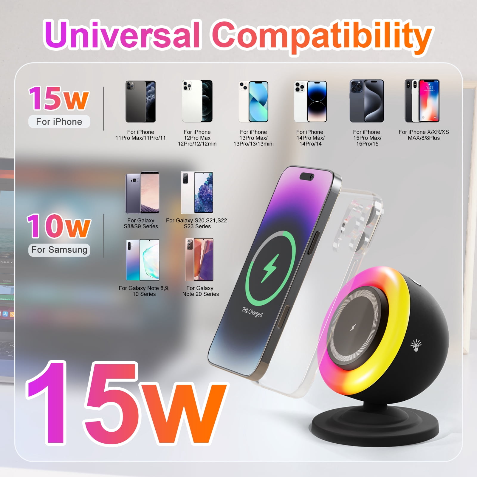 Charging Station, Bluetooth Speaker, 3 in 1 Wireless Charger for iPhone 17e 17 16 15 14 13 12 Series, Phone Stand for Samsung Series, with RGB light, Perfect Gift for Family Party, Black