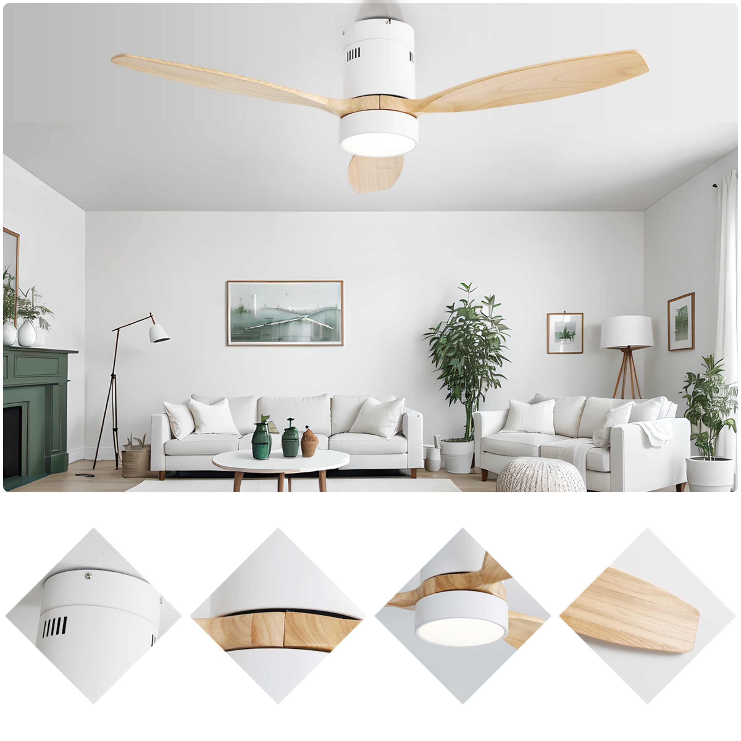 Sofucor 52inch Wood Low Profile Ceiling Fans with Lights and Remote, Modern Flush Mount Quiet Ceiling Fan for Bedroom, Reversible DC Motor, 3 Color & 6 Speed, for Indoor Outdoor Patio,(White+Wood)