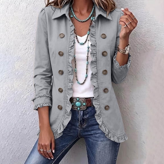 BRELIL Women Plus Size Fall Ruffle Long Sleeve Button Down Shacket Casual Open Front Collared Blazer Jacket Loose Outwear, Gray 3XL