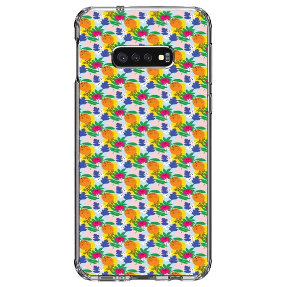 DistinctInk Clear Shockproof Hybrid Case for Samsung Galaxy S10e (5.8" Screen) - TPU Bumper, Acrylic Back, Tempered Glass Screen Protector - Summer Vibes Floral Pattern Orange Blue Yellow