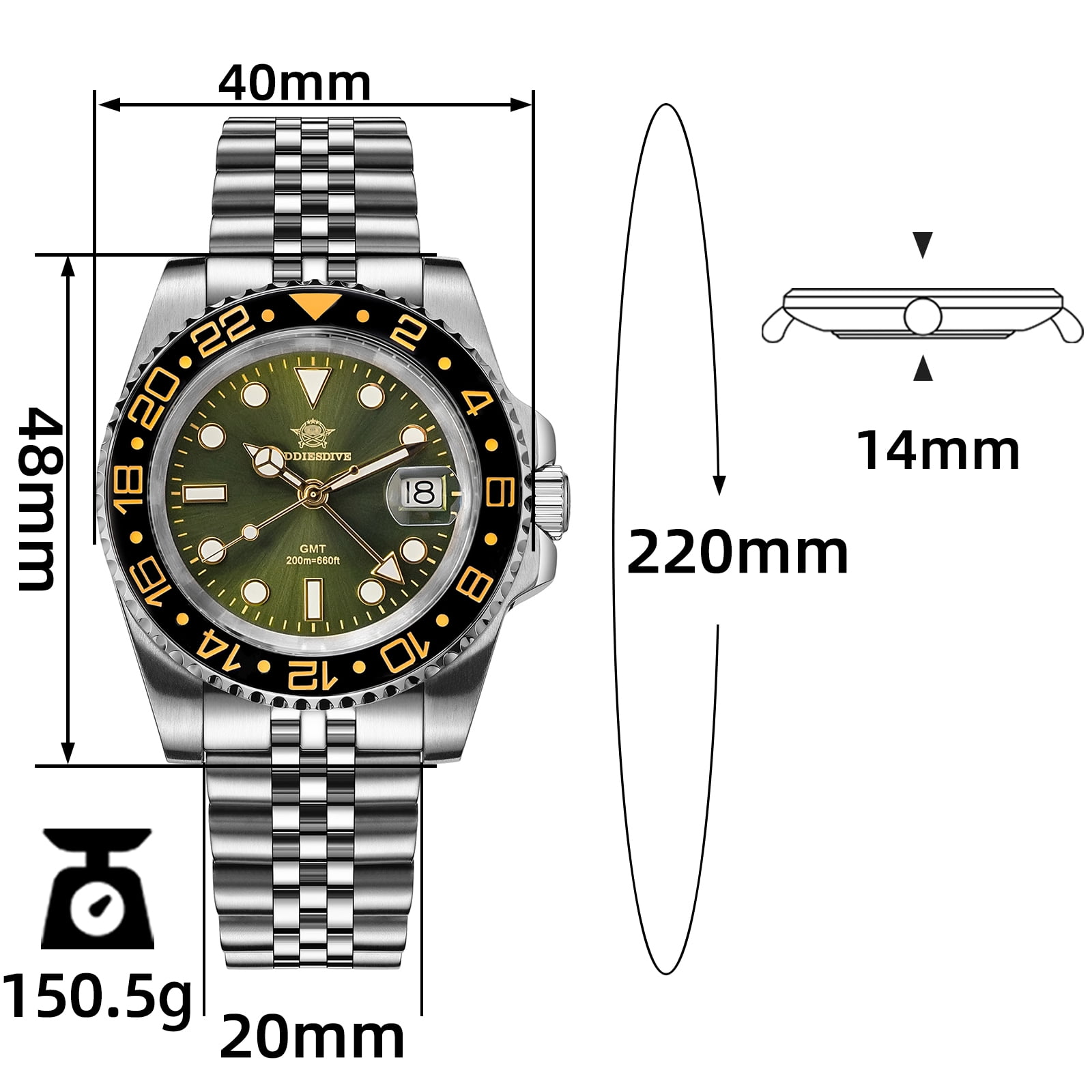 ADDIESDIVE GMT Watches for Men with Swiss Movement, 200M Waterproof Dive Watch, Luminous Ceramic Bezel Dual Time Zone for Travel & Busines
