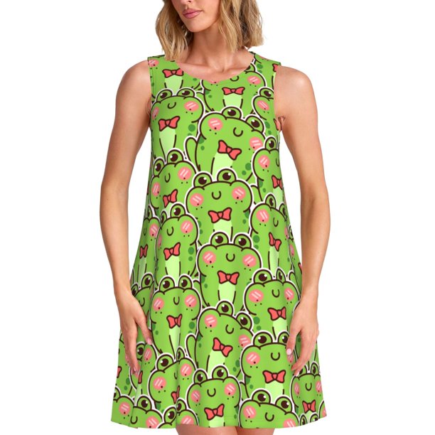 Fotbe Cute Green Frog Vestido de Verano sin Mangas para Mujer – Vestido Midi Línea A, Estilo Camiseta Floral, Vestido Playero Casual y Fluido