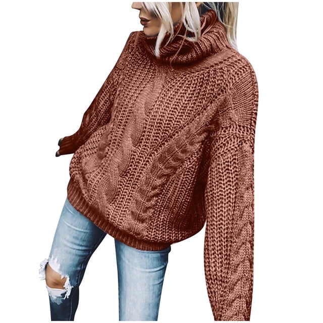 LOVZFMLL Women's Sweaters Acrylic Turtleneck Cable Knit Pullover Solid Color Casual Basic Everyday Soft Loose Tops Warm Fall Winter Clothes