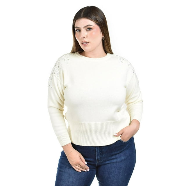 Sueter con bordado y pedrería en los hombros Roman Fashion / Tallas Extras, 4008 (Hueso) beige 42