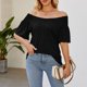 thumbnail image 2 of Top de verano para mujer, blusa holgada de manga corta con volantes y cuello redondo, blusa con hombros fruncidos para mujer negro XL, 2 of 6