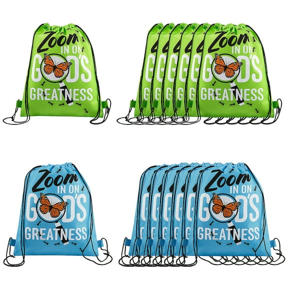 Fun Express 12" x 15" Medium Zoom In VBS Nonwoven Drawstring Bags - 12 Pieces, Vacation Bible School Supplies