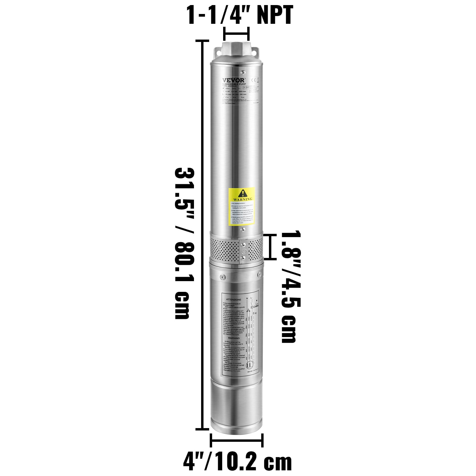 VEVOR Deep Well Submersible Pump, 1HP 115V/60Hz, 37gpm Flow 207ft Head, with 33ft Electric Cord, 4\" Stainless Steel Water Pump for Industrial, Irrigation&Home Use, IP68 Waterproof Grade