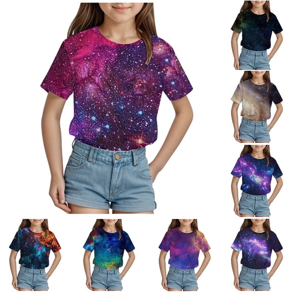 WUANDIXFA 3D Shirt for Girls Novelty Star Graphic Tops Crewneck Short Sleeve Summer Clothes Soft Lightweight T-Shirt Tee (Orange, 3-4 Years)