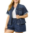 thumbnail image 1 of Chaqueta de mezclilla de manga corta con botones para mujer de tallas grandes Agnes Orinda en azul marino, 1 of 7