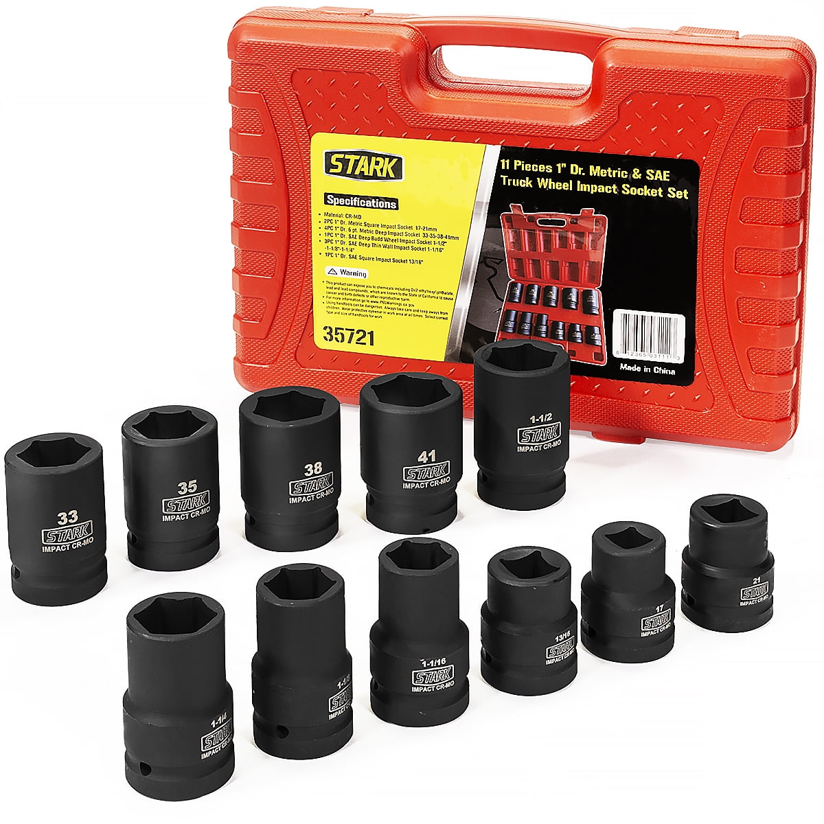 2-1/16-2-1/2 Cr-Mo Steel 6-Point Stark Premium 3/4 inch Drive Large Jumbo Shallow Impact Socket Set SAE 8-Piece Socket Set with Carrying Case 