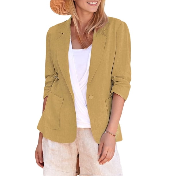 Chaqueta de Trabajo Informal Ligera para Mujer, con Solapa, Mangas Cuartos, Plisada Elástica, Forrada y Bolsillos Amarillo XXL