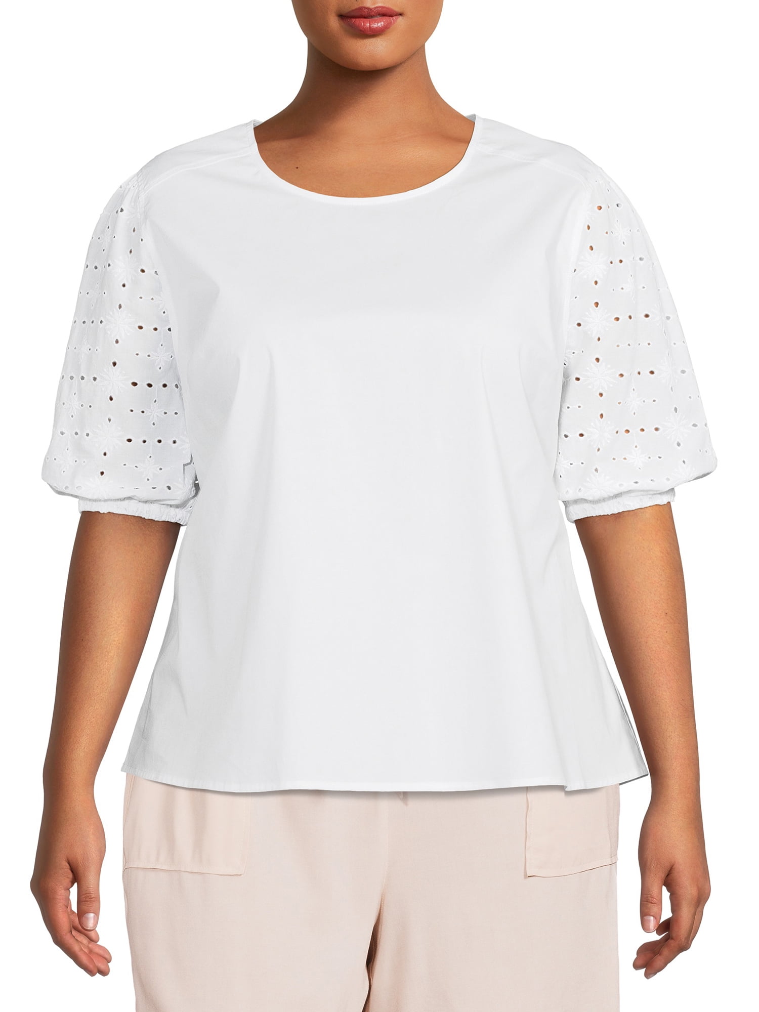 Women Embroidery Shirt Tops Eyelets Summer Short Sleeve Blouse T-Shirt Plus Size