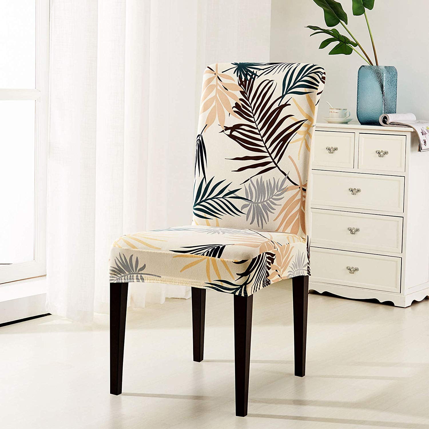 Subrtex Printed Leaf Stretchable Dining Room Chair Slipcover 2 Pcs Yellow