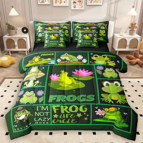 Manfei Kawaii Frog Twin Bedding Sets 7pcs for Kids, Funny Wildlife Bedding Comforter Set, Animal Plaid Sheet Sets, Ultra Soft Home Decor