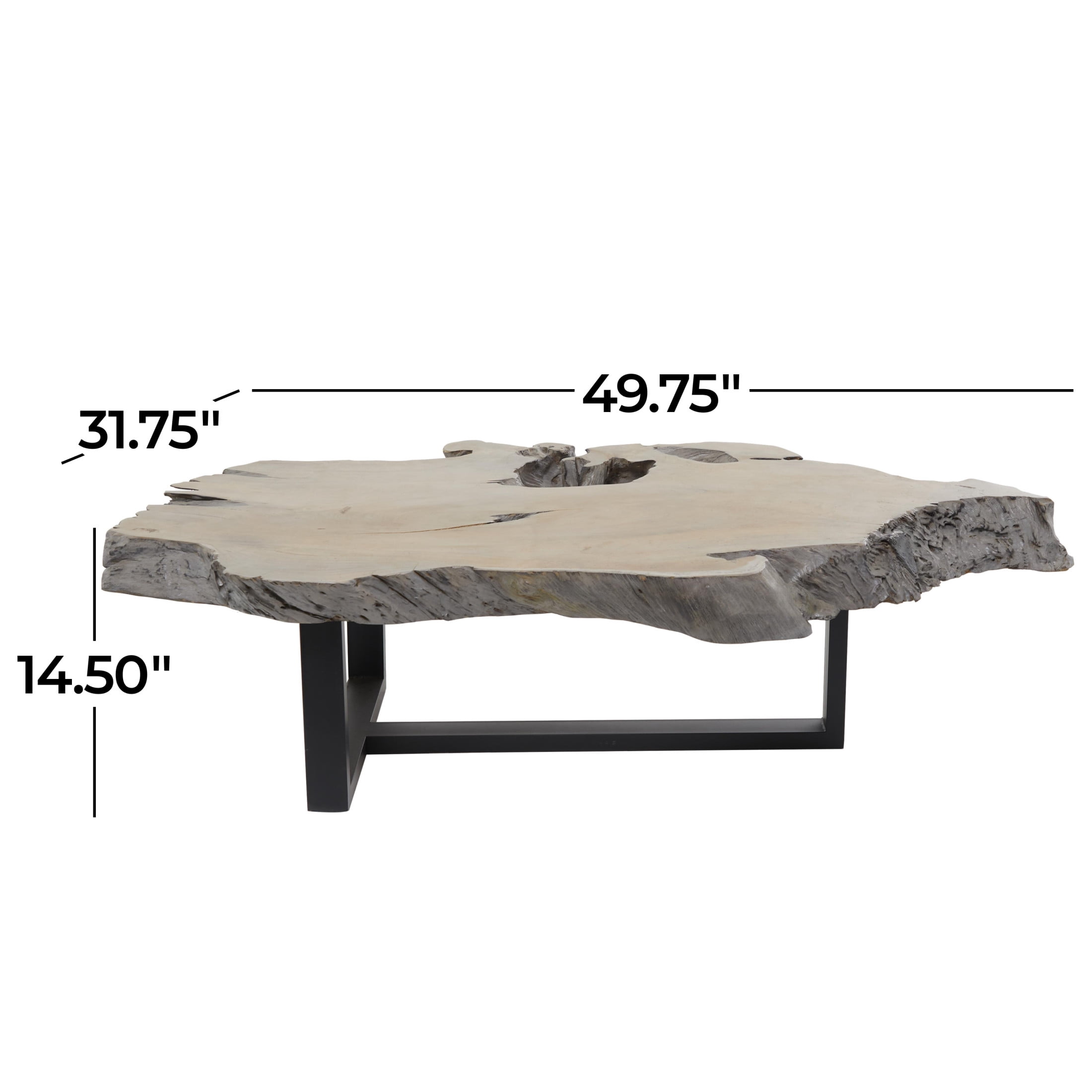 DecMode 50" x 15" Gray Teak Wood Handmade Live Edge Wood Slab Coffee Table with Black T Stand Base, 1-Piece