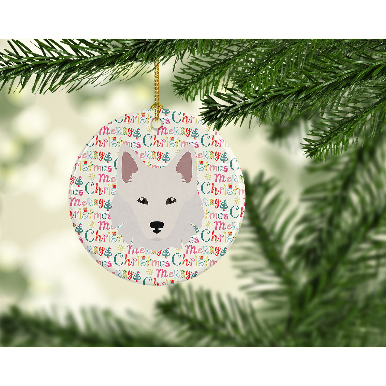 Danish Spitz Merry Christmas Ceramic Ornament 2.8 in x 2.8 in