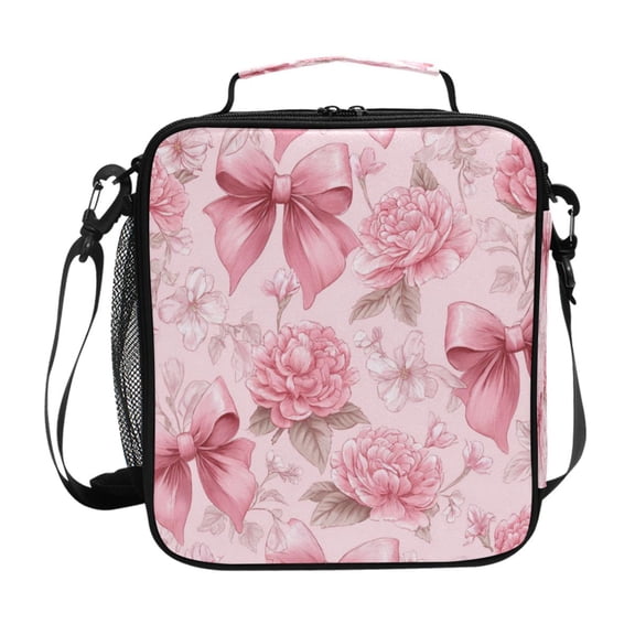 Square Insulated Lunch Bag Leak-proof Lunch Box for Outdoor Work Picnic Pink Bows and Peony Flowers