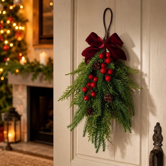 Artificial Christmas Teardrop Hanging Swag with Red Berries Pinecones Velvet Bow for Front Door Wall Mantel Holiday Home Decoration