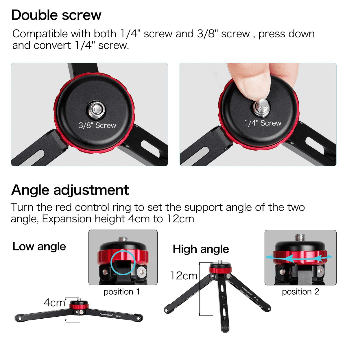 Koolehaoda Mini Tripod,CNC Aluminum Portable Travel Tabletop Tripod with 1/4 and 3/8 Screw Mount for DSLR Camera,Monopods and Ballhead MT-01