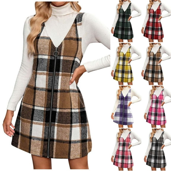 Busydd Women Dresses Fashion Sleeveless Plaid Dresses for Women Casual V Neck Zip Up Fall Dresses with Pockets S