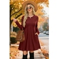 thumbnail image 2 of Women Rib-Knit Sweater Dress for Spring & Autumn - Round Neck, A-Line Midi Umbrella Skirt, Regular Sleeves, Burgundy, S-3XL, 2 of 7
