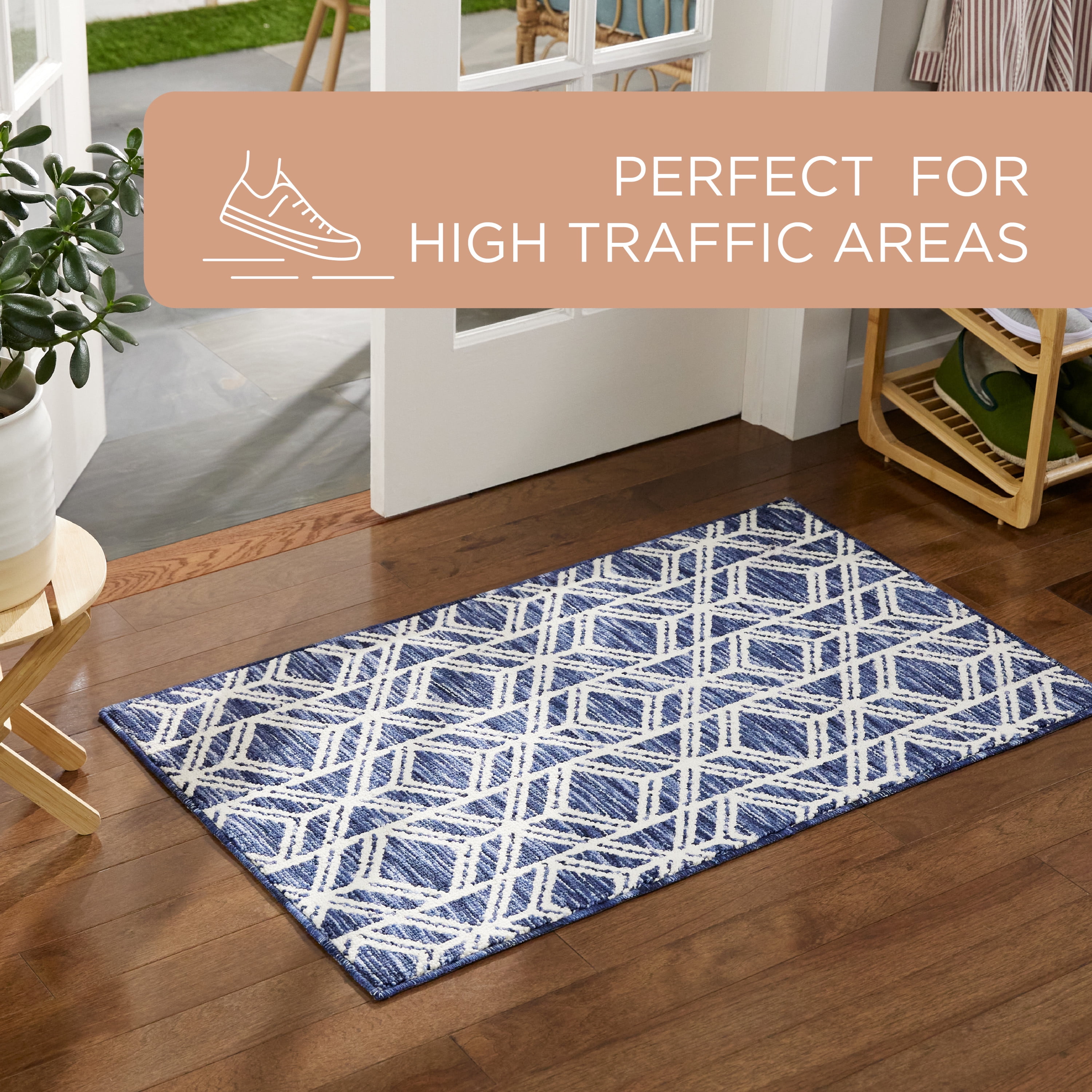 TOWN & COUNTRY EVERYDAY Walker Modern Diamond Everwash® Washable Multi-Use Decorative Rug with Non-Slip Backing, Navy Blue, 24"x72"