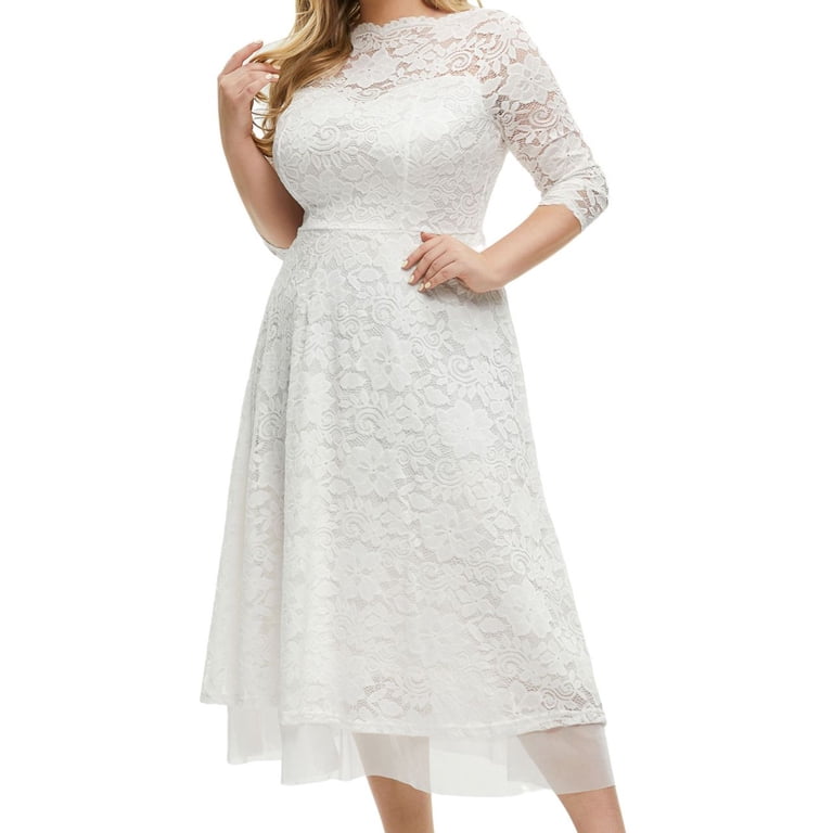 safuny Women's Plus Size Tea Length Evening Dress Floral Lace Splicing  Solid Long Sleeve Dresses Trendy Crew Neck Elegant Formal Cocktail Wedding  Holiday White XXXXXL - Walmart.com