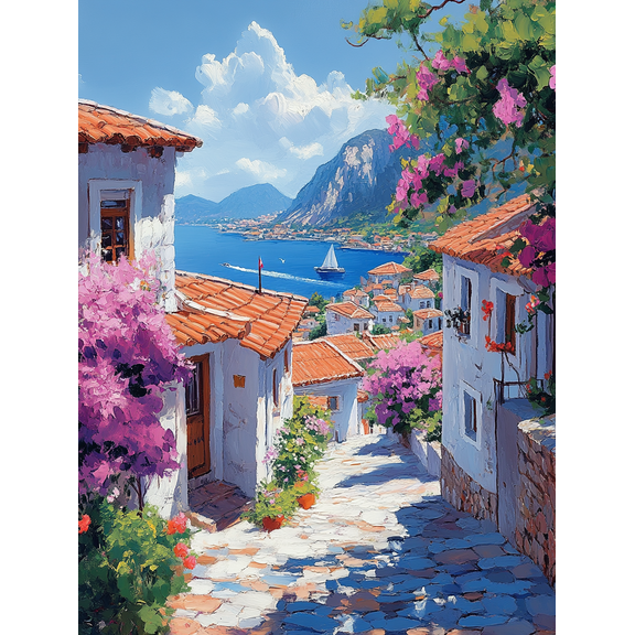Mediterranean Coastal Village Canvas Wall Art Print, Suitable for Living Room, Bedroom, Kitchen, Office, and Hallway Decoration.