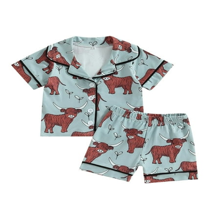 

FNNMNNR Toddler Baby Boy Girl Pajamas Set Western Cow Print Short Sleeve Button Down Shirt Shorts Kids 2Pcs Satin Sleepwear
