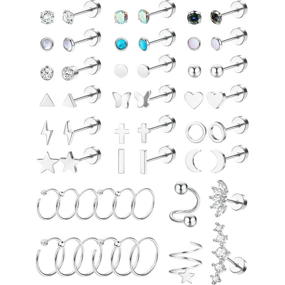 Surgical Steel Flat Back Stud Earrings for Women Men 20G Hypoallergenic Tiny Cartilage Earring Stud Hoops Star Moon Butterfly CZ Helix Daith Earrings Piercing Jewelry 26 Pairs