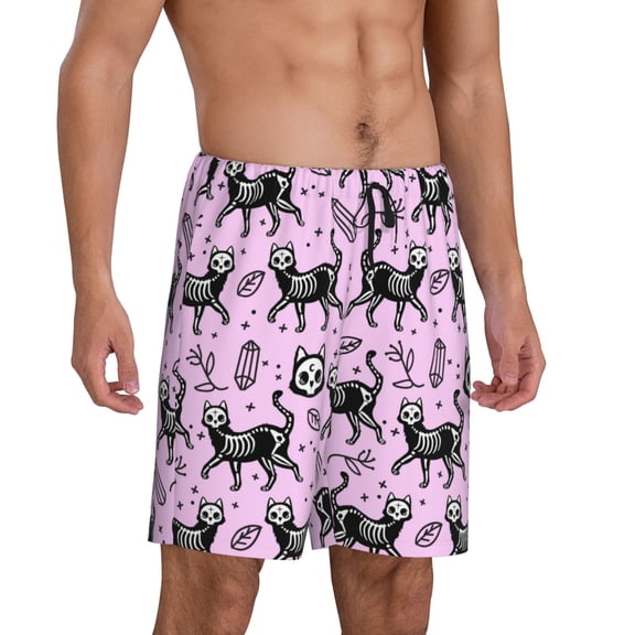 Mens Pajama Pants - Skull Cat Halloween Sleep Shorts Mens Pajama Shorts, Comfy Pj Pants for Mens Lounge Shorts