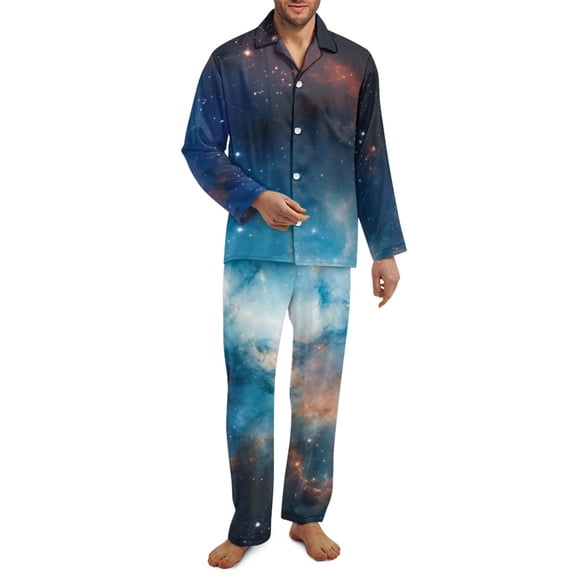 Yuyamidu Galaxy Button Pajamas for Men Size 2XL 2 PCS Comfy V Neck Sleepwear Pants & Pullover Tops for Vacation Walking Casual Long Sleeve Loungewear Set with Pockets