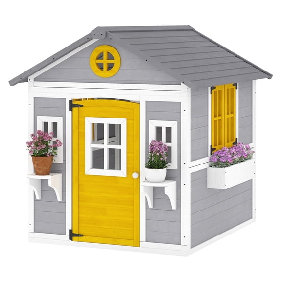 Wooden Playhouse Outdoor, Kids Playhouse with Door, Windows, Planter Boxes - 3-8 Year Olds, Gray