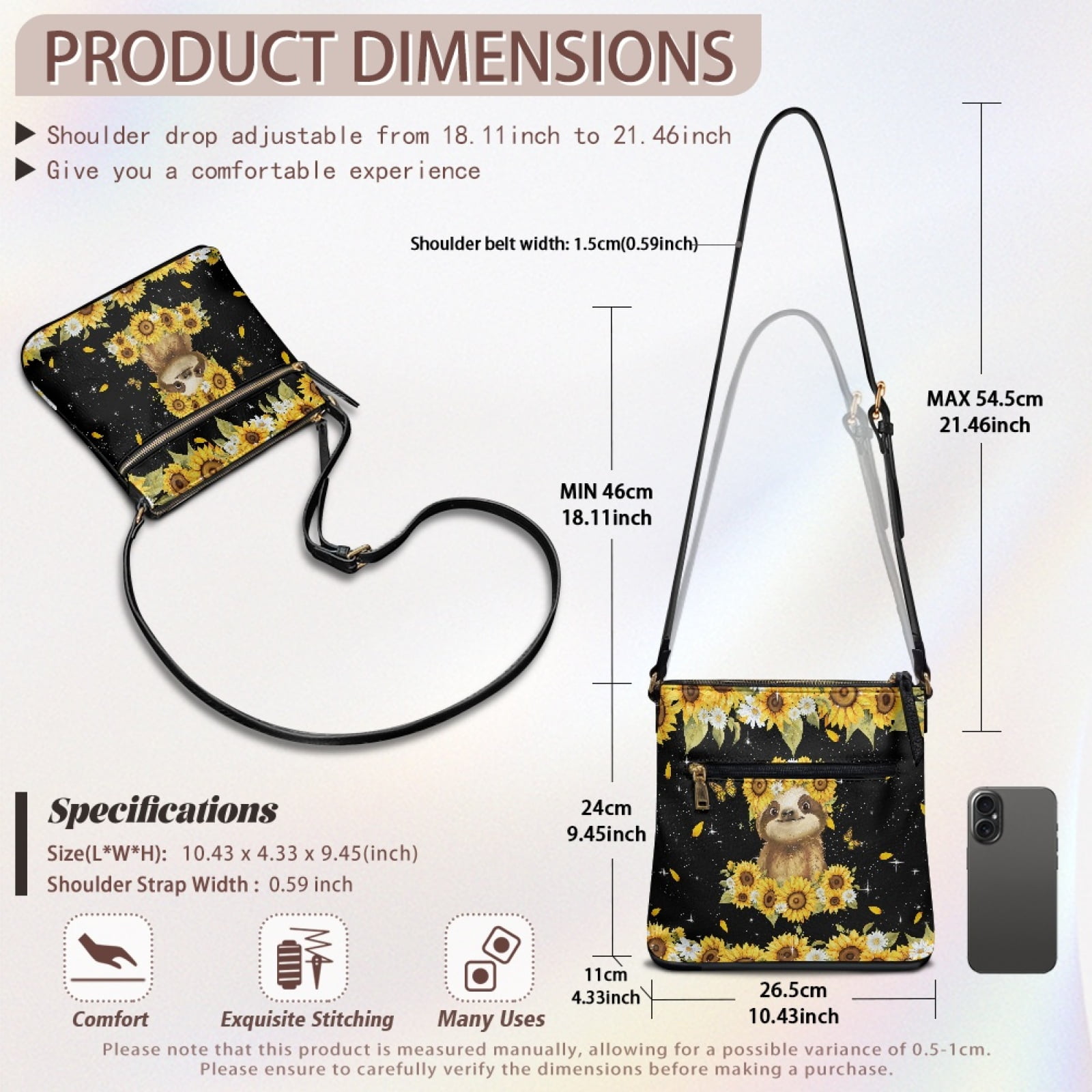 LedBack Sloth Print Crossbody Bag for Women, Zipper Leather Hobo Purse for Women Ladies, Portable Satchel Bag Multi Pockets Shoulder Handbag for Travel Shopping, Black