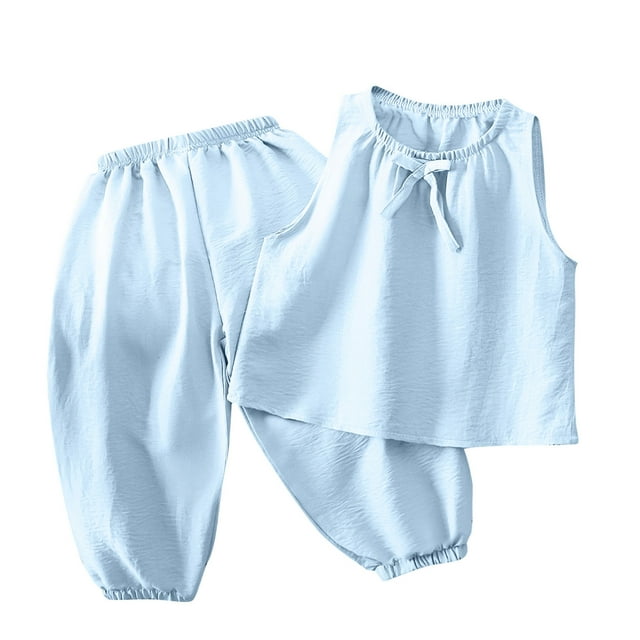 Zpanxa Girls Short Sets Summer Solid Color Thin Home Clothing with Ruffle Round Neck Tank Top Sets 3-4 Years