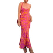 VISgogo Women's Summer Slip Dress, Flower Print Sleeveless Spaghetti Strap Low Cut Back Cross Bandage Long Dress for Party