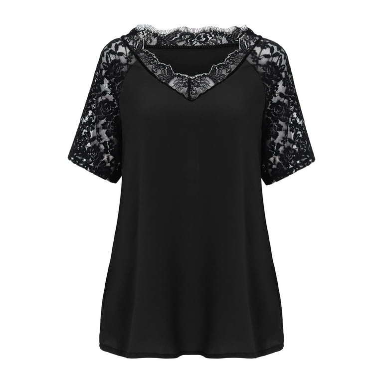Chiffon Short sleeve Round neck Lace Patchwork T-shirt Chiffon Short sleeve Round neck Lace Patchwork T-shirt