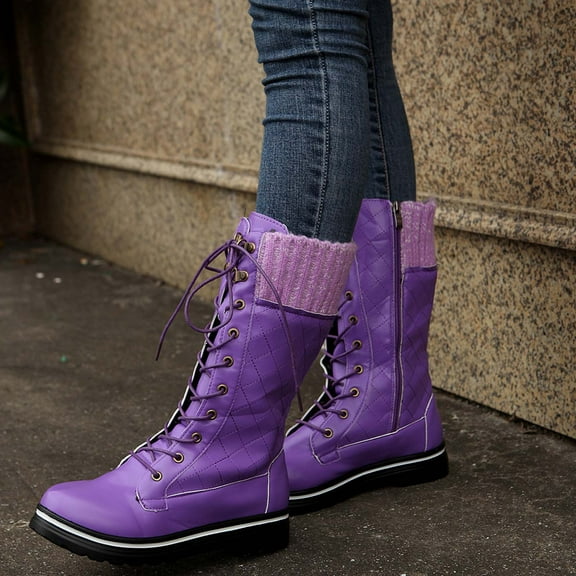 Tejiojio Womens Boots Flat Feet Women's Winter Solid Mid-tube Front Strap Round Head Side Zipper Snow Shoes