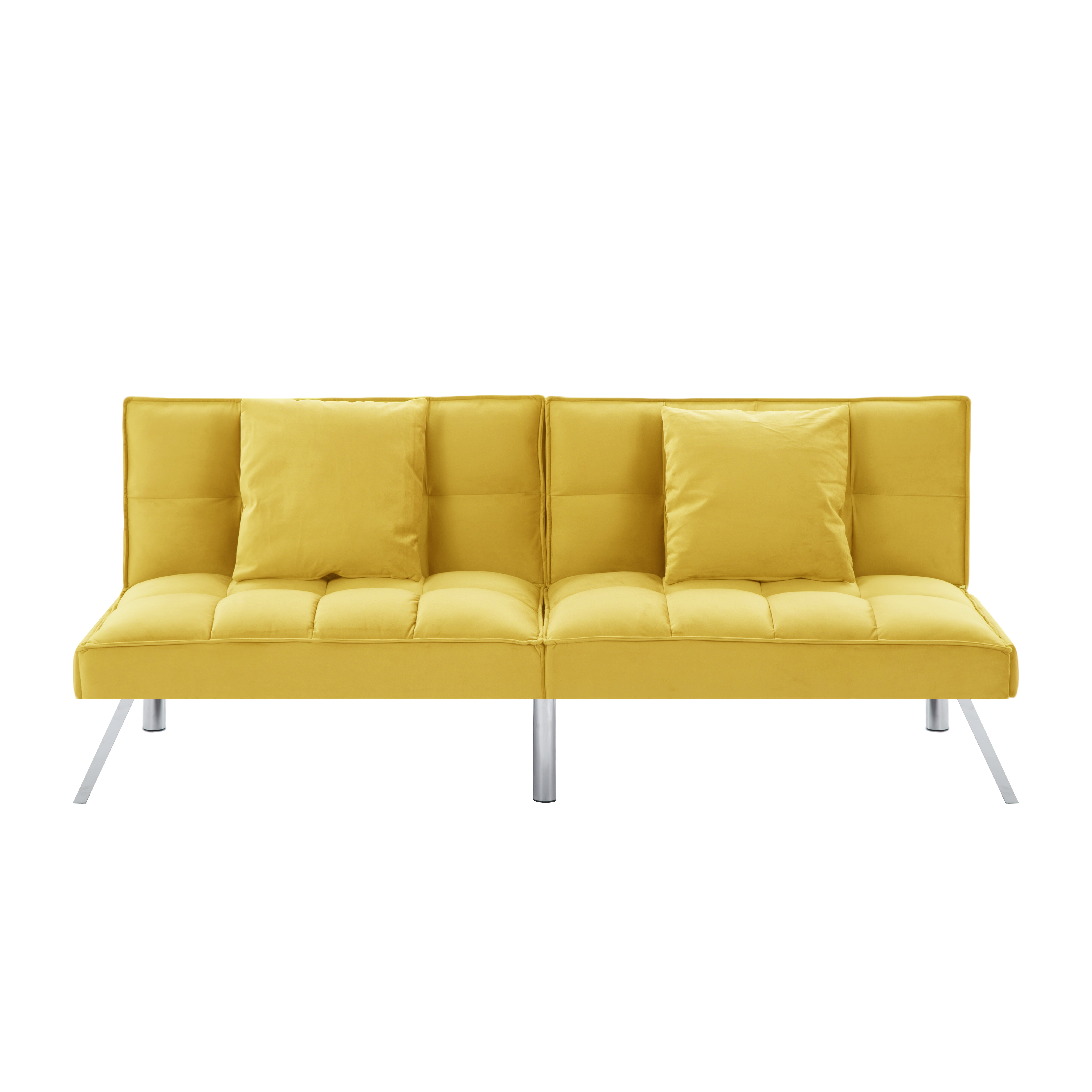 Gewnee 73”Velvet Futon Sofa Bed Convertible Sleeper Sofa with Split-Back 5 Adjustable Angles,Metal Legs & 2 Toss Pillows for Living Room,Office,Guest Room.Yellow