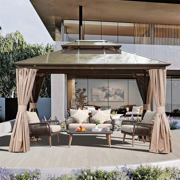 10'x12' Hardtop Gazebo, Permanent Outdoor Gazebo with Polycarbonate Double Roof, Aluminum Gazebo Pavilion with Curtain and Net for Garden, Patio, Lawns, Deck, Backyard(Brown) 00021