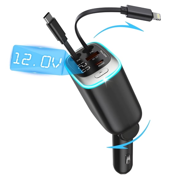 KT1 85W Retractable Car Charger, Fast USB C Charger with 180° Adjustable Arm, PD30W & QC3.0, Compatible for iPhone, iPad, Airpod, Android - Road Trip Essentials
