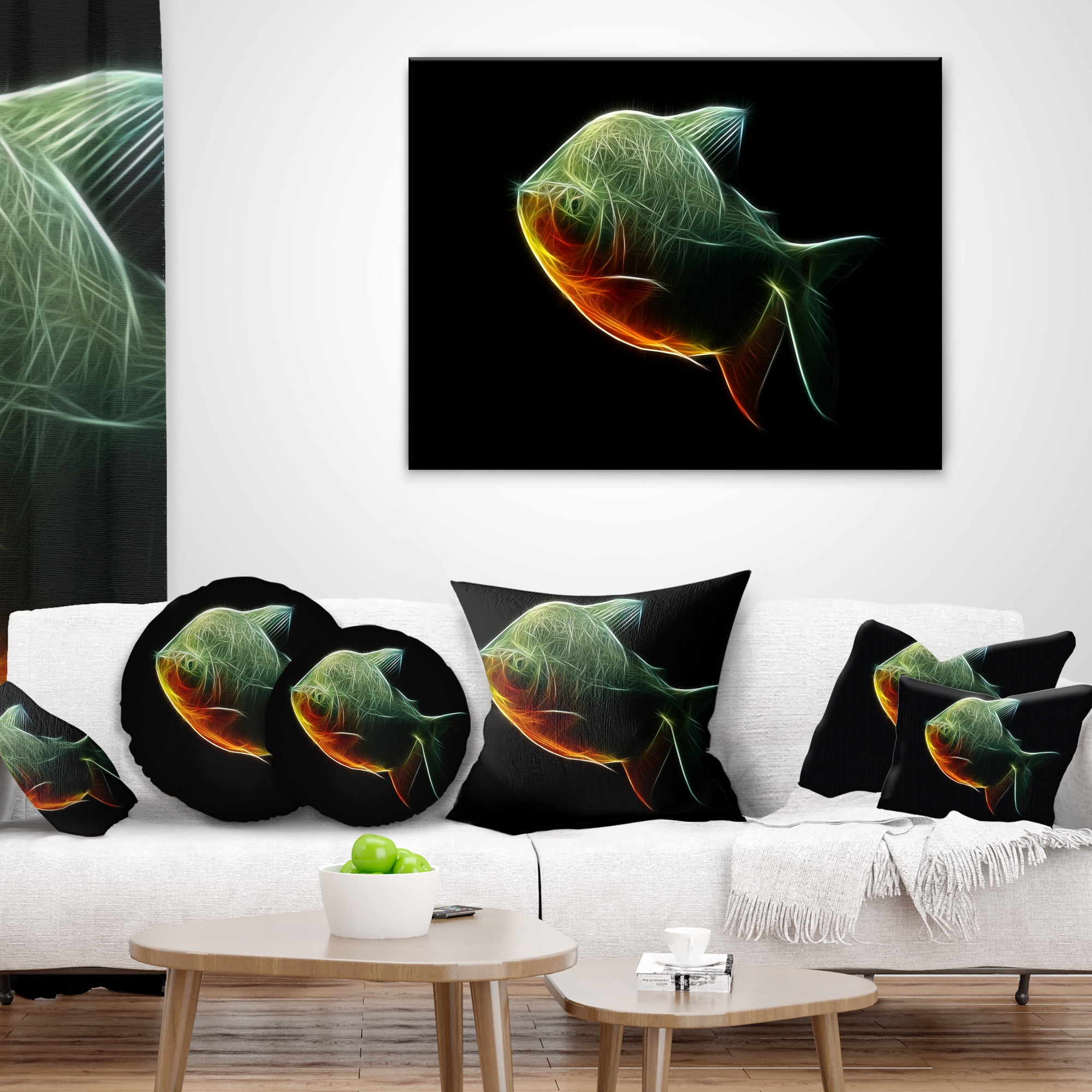 Designart Fractal Pacu Fish on Black - Animal Throw Pillow - 12x20
