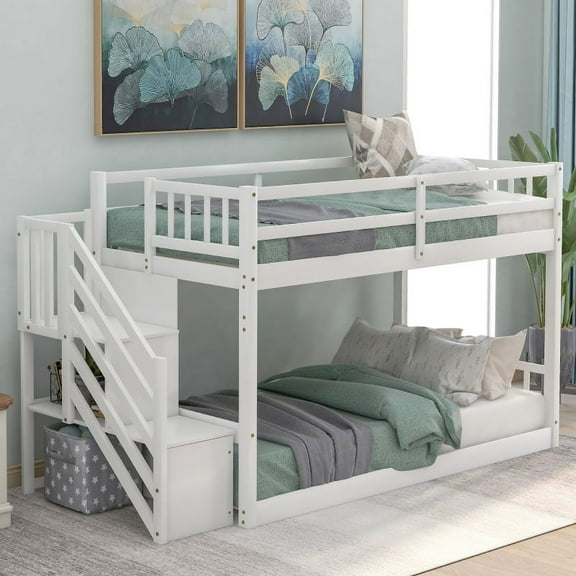 [Luckynote]Twin over Twin Floor Bunk Bed, Ladder with Storage, White