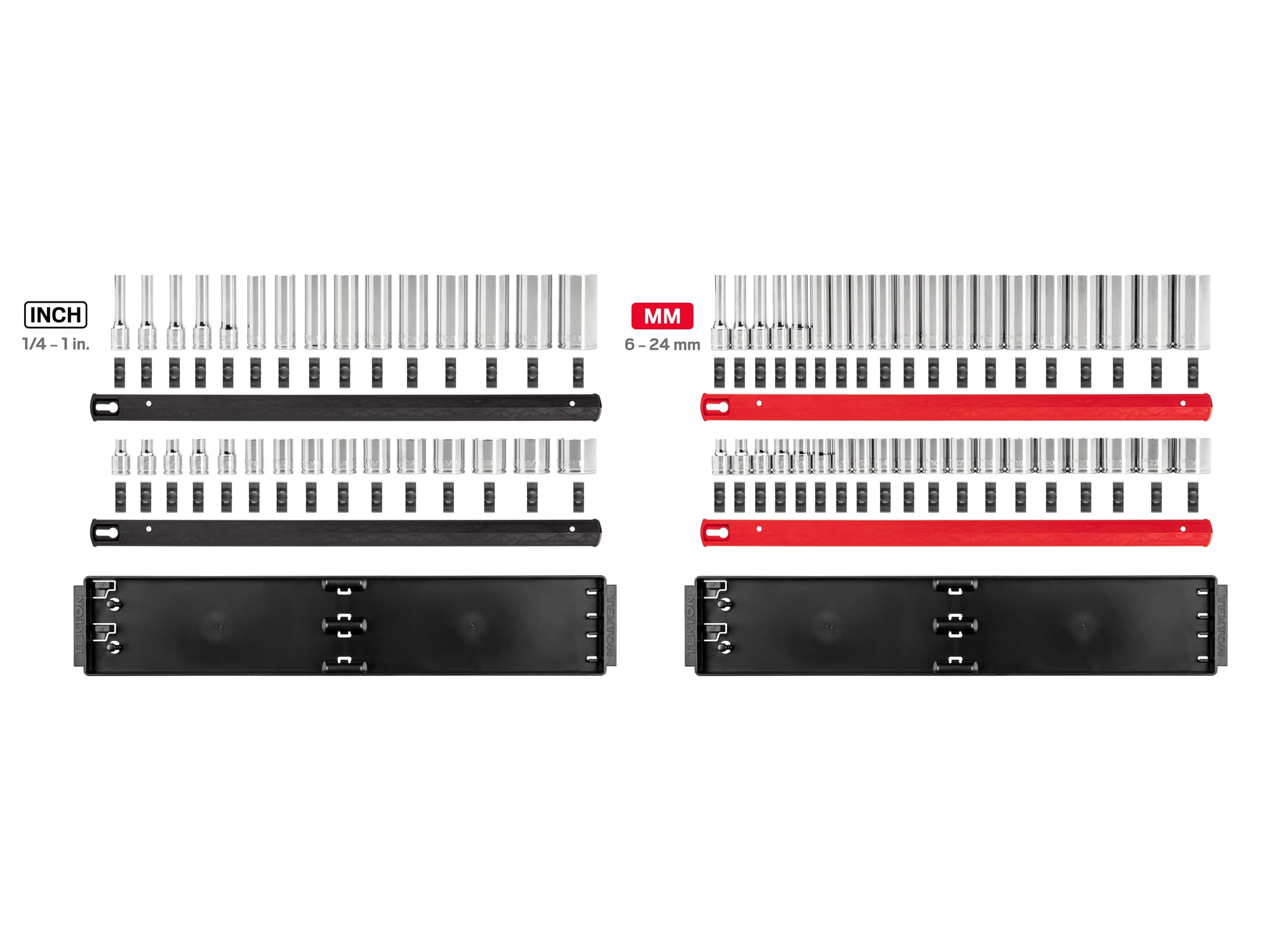 TEKTON 3/8 Inch Drive Shallow and Deep 12-Point Socket Set with Rails and Trays, 68-Piece (1/4 - 1 in., 6 - 24 mm) | SHD91221