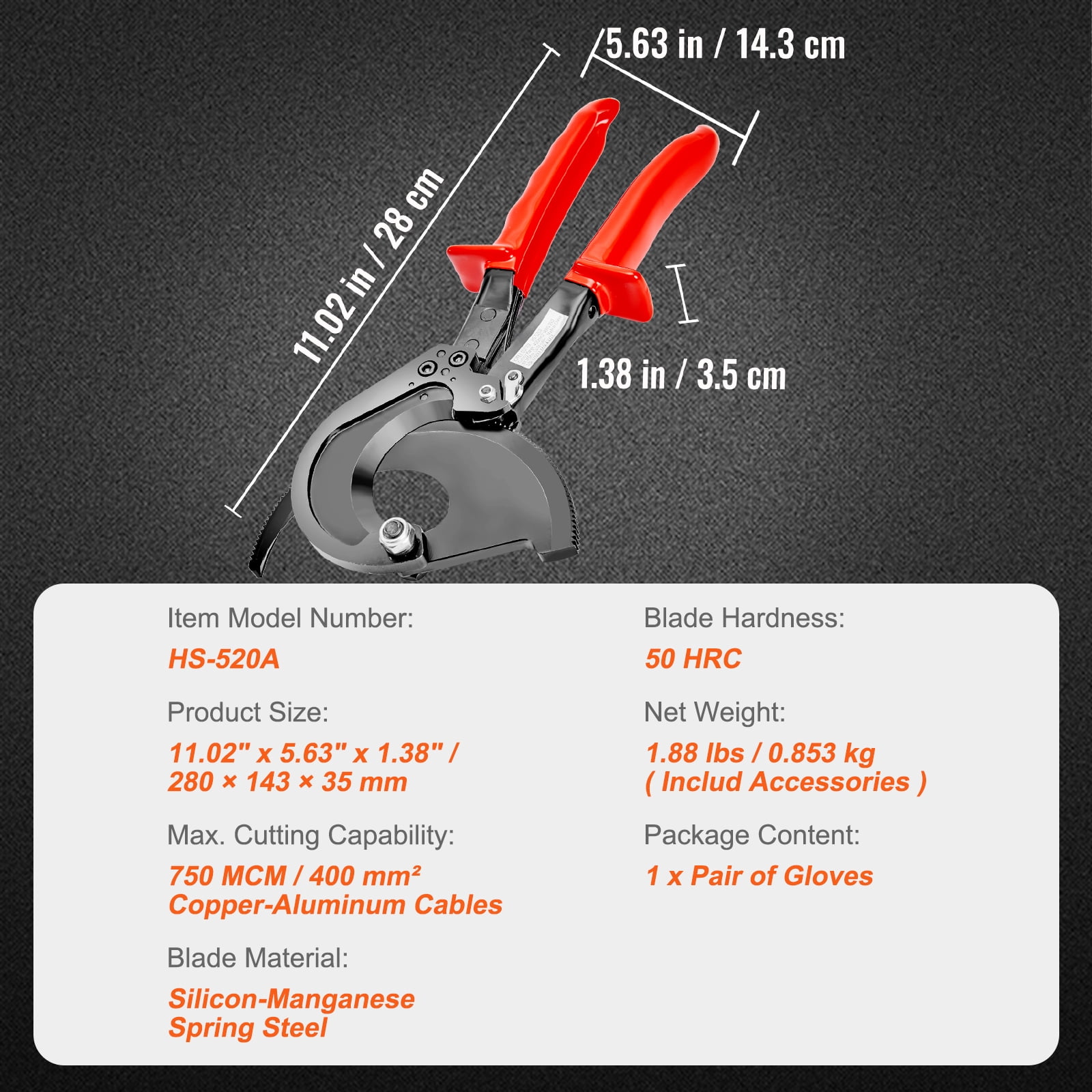 KFFKFF Ratcheting Cable Cutter, 11" Ratchet Wire and Cable Cutter, Cut up to 400 mm², with Comfortable Grip Handles, Easy to Use Quick-Release Lever, Silicon-Manganese Spring Steel Blade