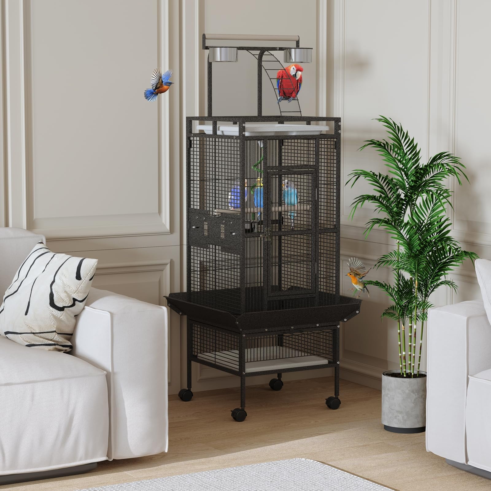 60 Inch Large Wrought Iron Bird Cage with Play Top, 4 Stainless Steel Bowls, Rolling Stand - Flight Cage for Small & Medium Parrots, African Grey, Cockatiel, Parakeet, Conure, Lovebird, Budgie