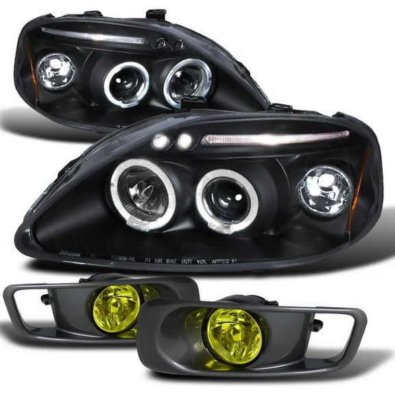 Spec-D Tuning Black Halo LED Projector Headlights   Yellow Fog Lights Compatible with 1999-2000 Honda Civic, Left   Right Pair Headlamps Assembly
